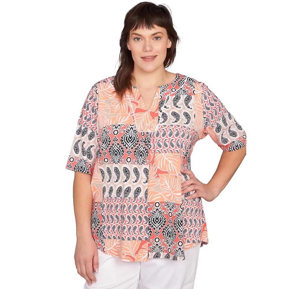 Ruby Rd Womens Top Coral Multi Size 2X Patchwork Paisley Tropical NWT